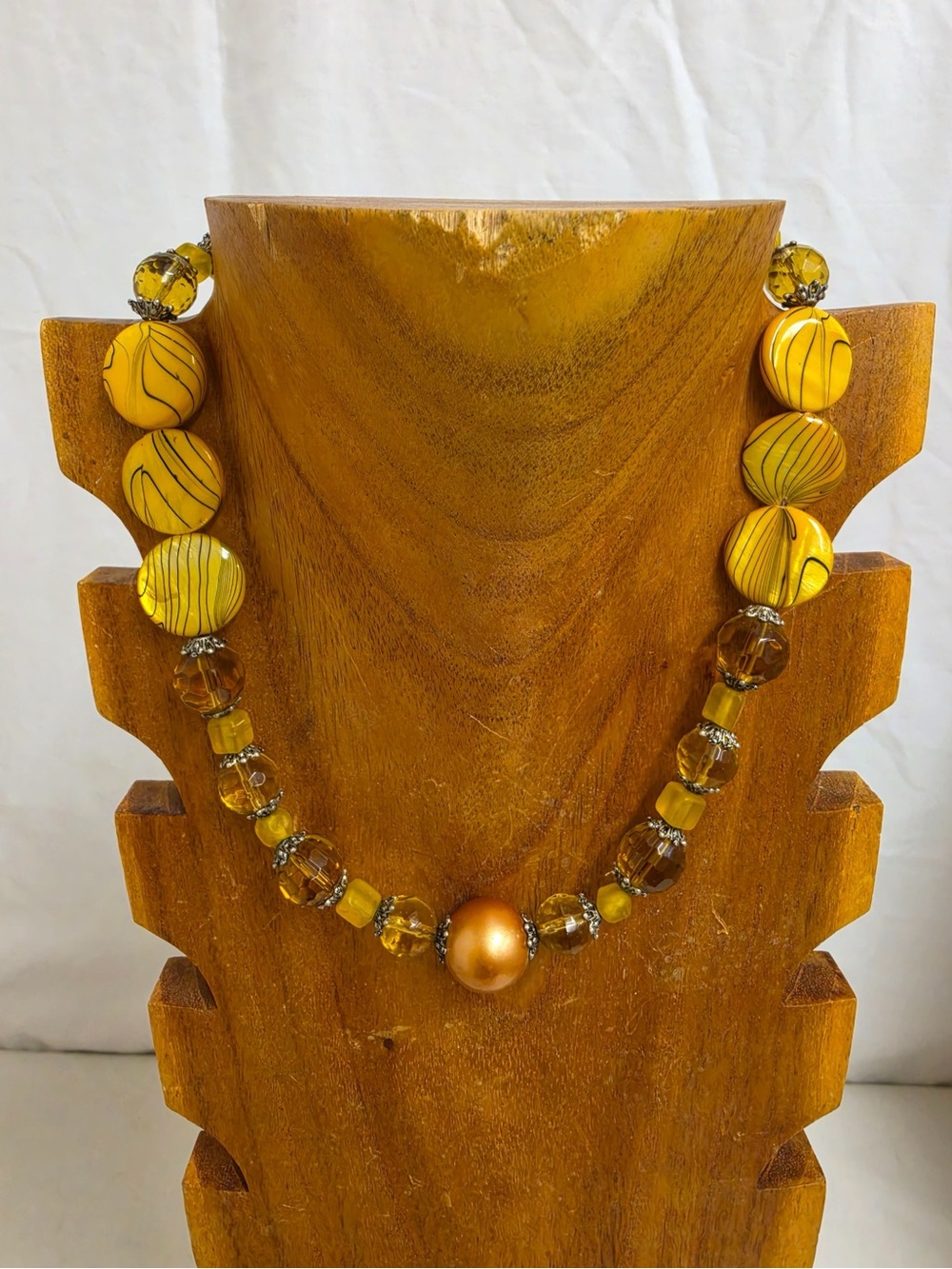 Handmade Yellow Beaded Necklace Amber Glass Pearl Look Statement Jewelry New